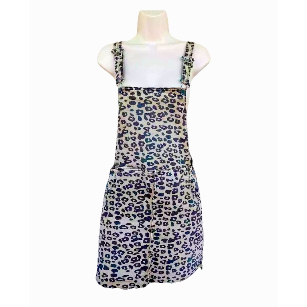 Leopard Print Denim Overall Mini Dress Frayed Hem‎ Medium Grunge Y2K Mobwife EC